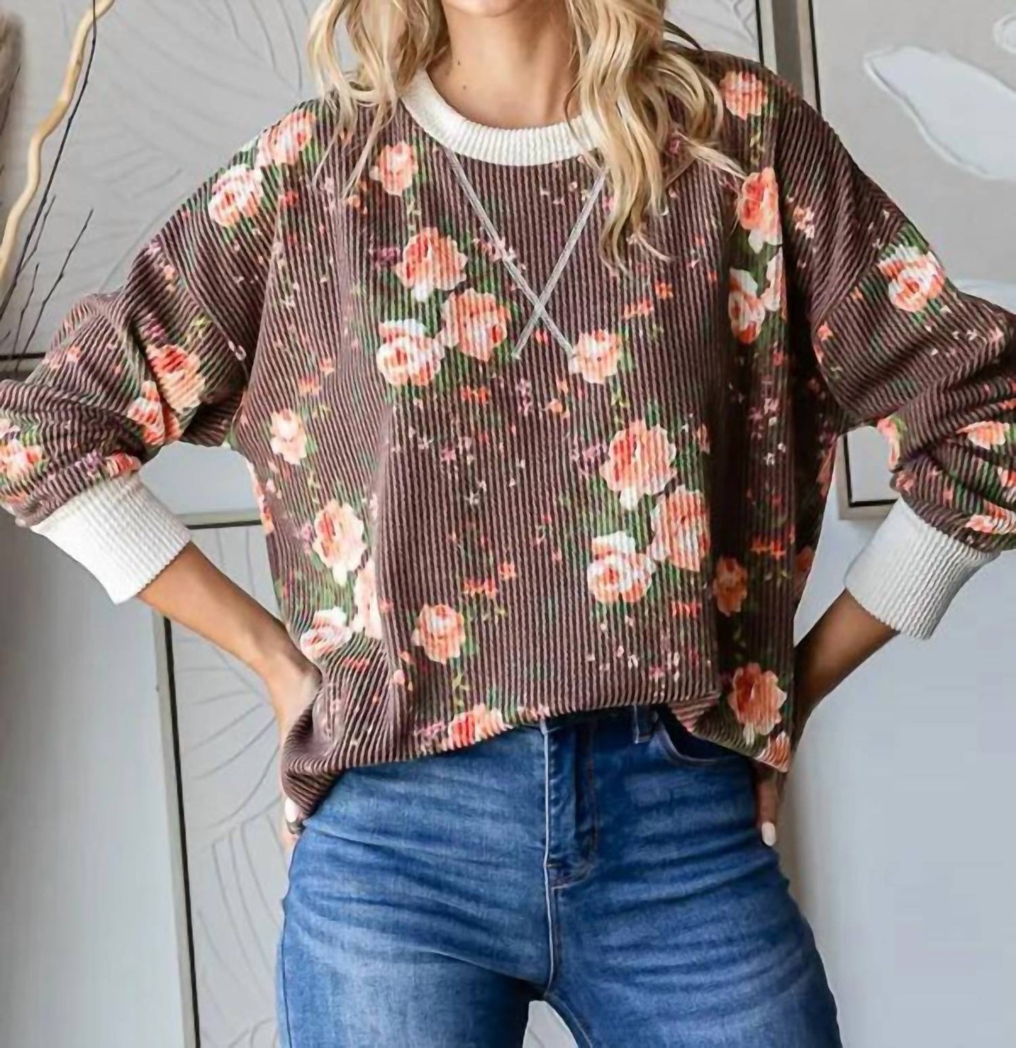 7Th Ray - Cozy Floral Drop Shoulder Top
