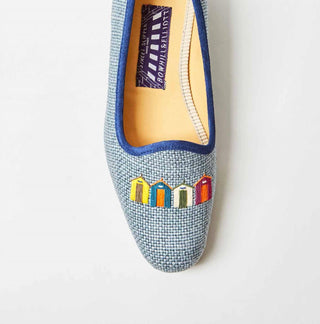 Bowhill & Elliott - Women's Denim Linen Pumps with Embroidered Beach Huts