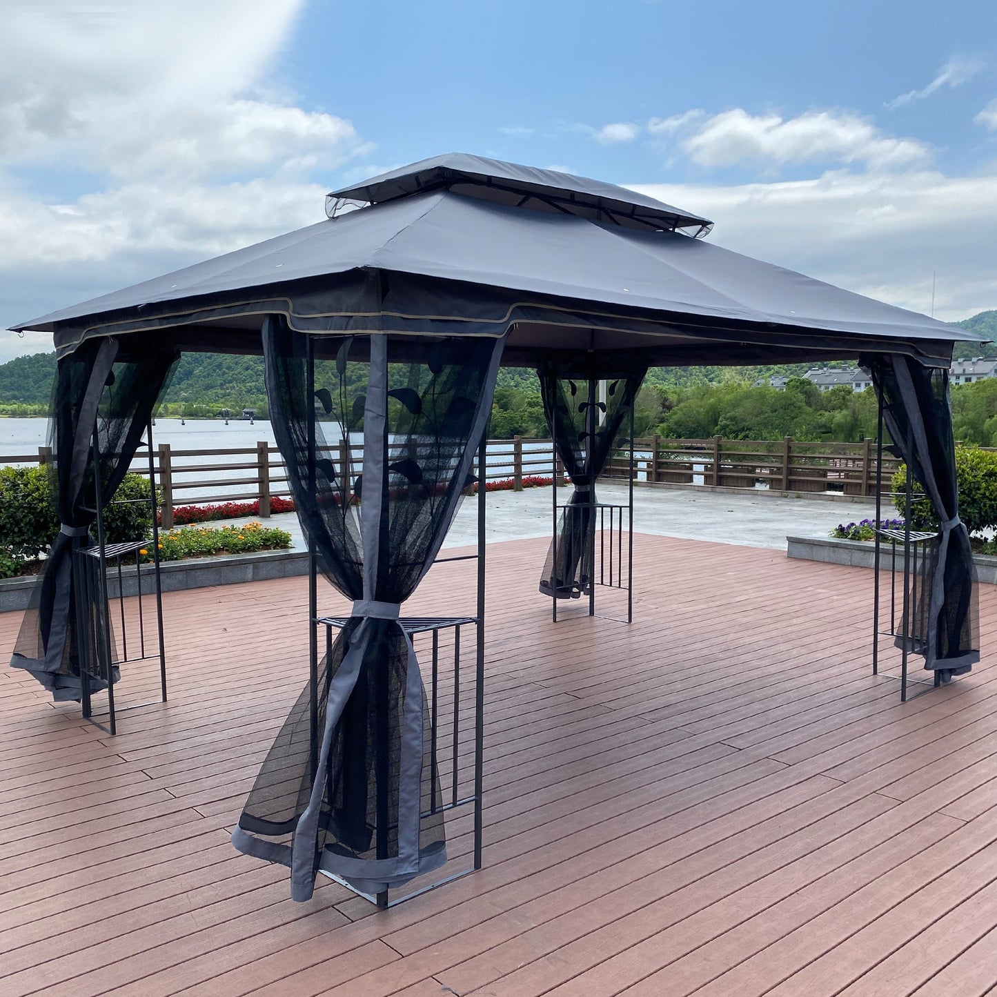 13 x 10 Ft Patio Gazebo Tent with Ventilated Double Roof and Mosquito Net