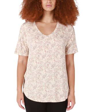 Camiseta feminina com bainha arredondada e fita preta, bege, tamanho extrapequeno