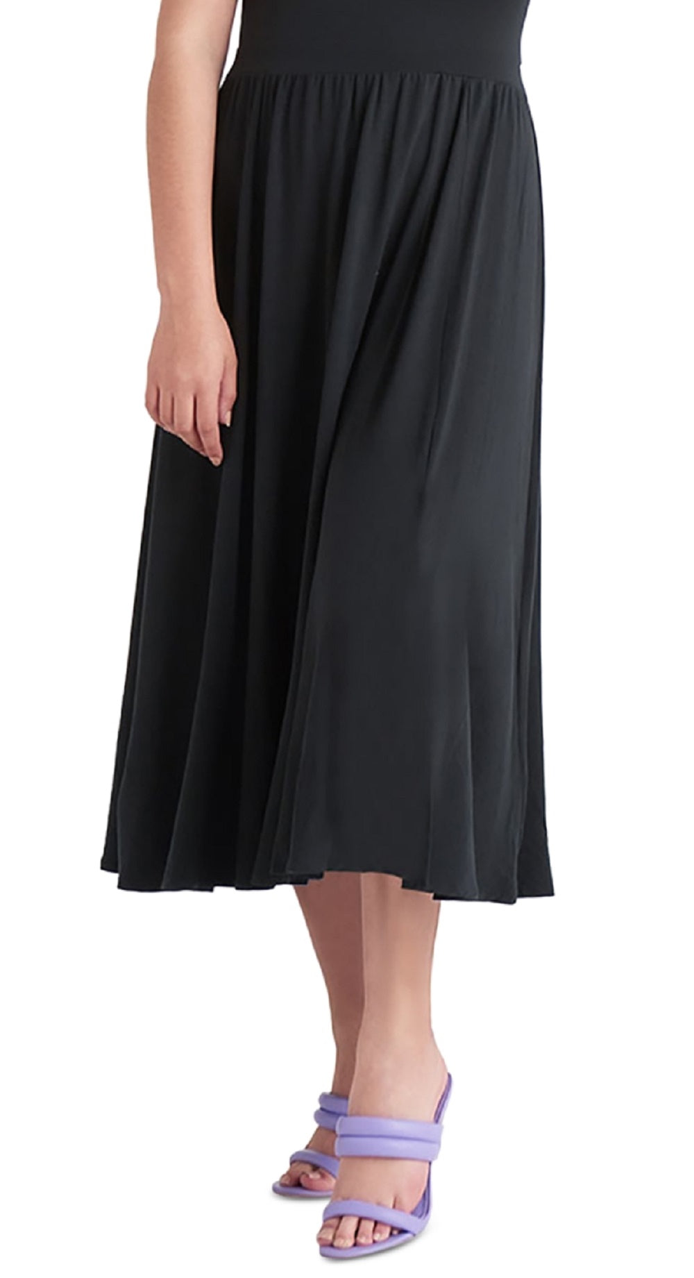 Vestido midi sem mangas de malha com cintura elástica preta para mulheres, tamanho extragrande