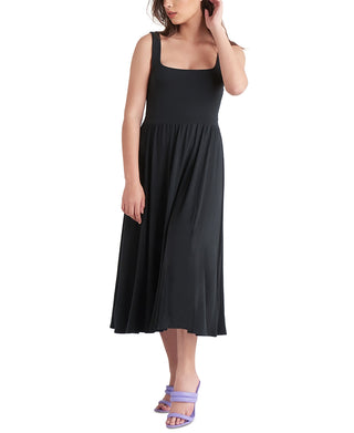 Vestido midi sem mangas de malha com cintura elástica preta para mulheres, tamanho extragrande