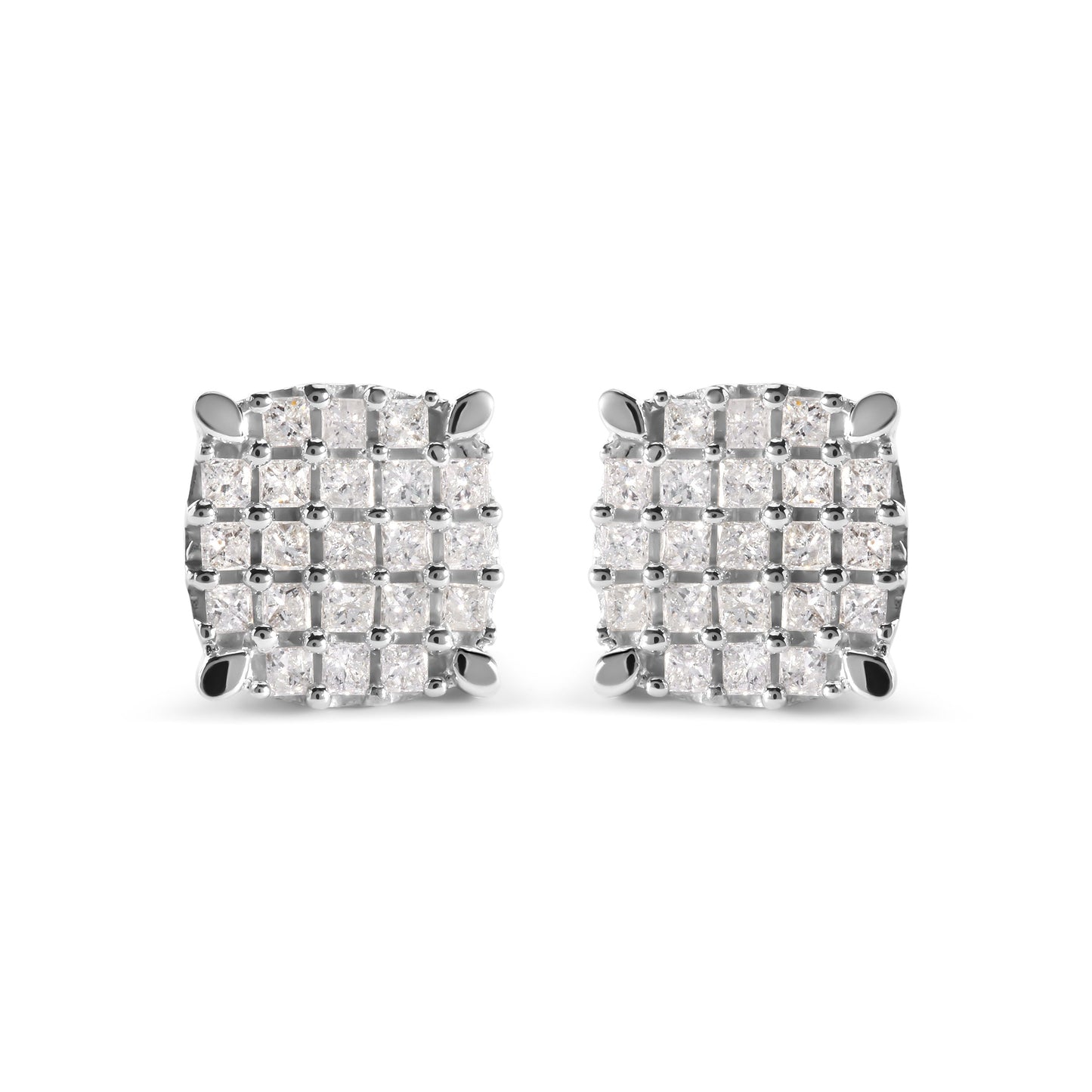 10K White Gold 3/4 Cttw Princess Diamond Composite Cushion Shape Stud Earrings (I-J Color, I1-I2 Clarity)