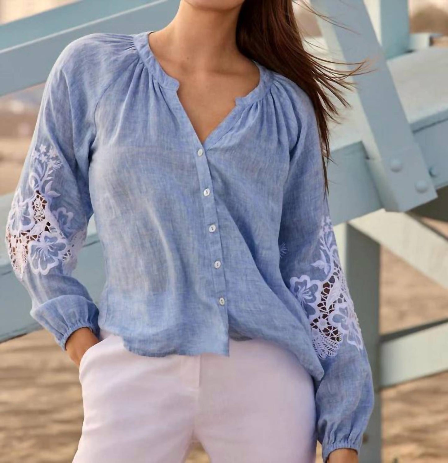 Charlie B - Cotton-linen Button-front Blouse With Embroidery