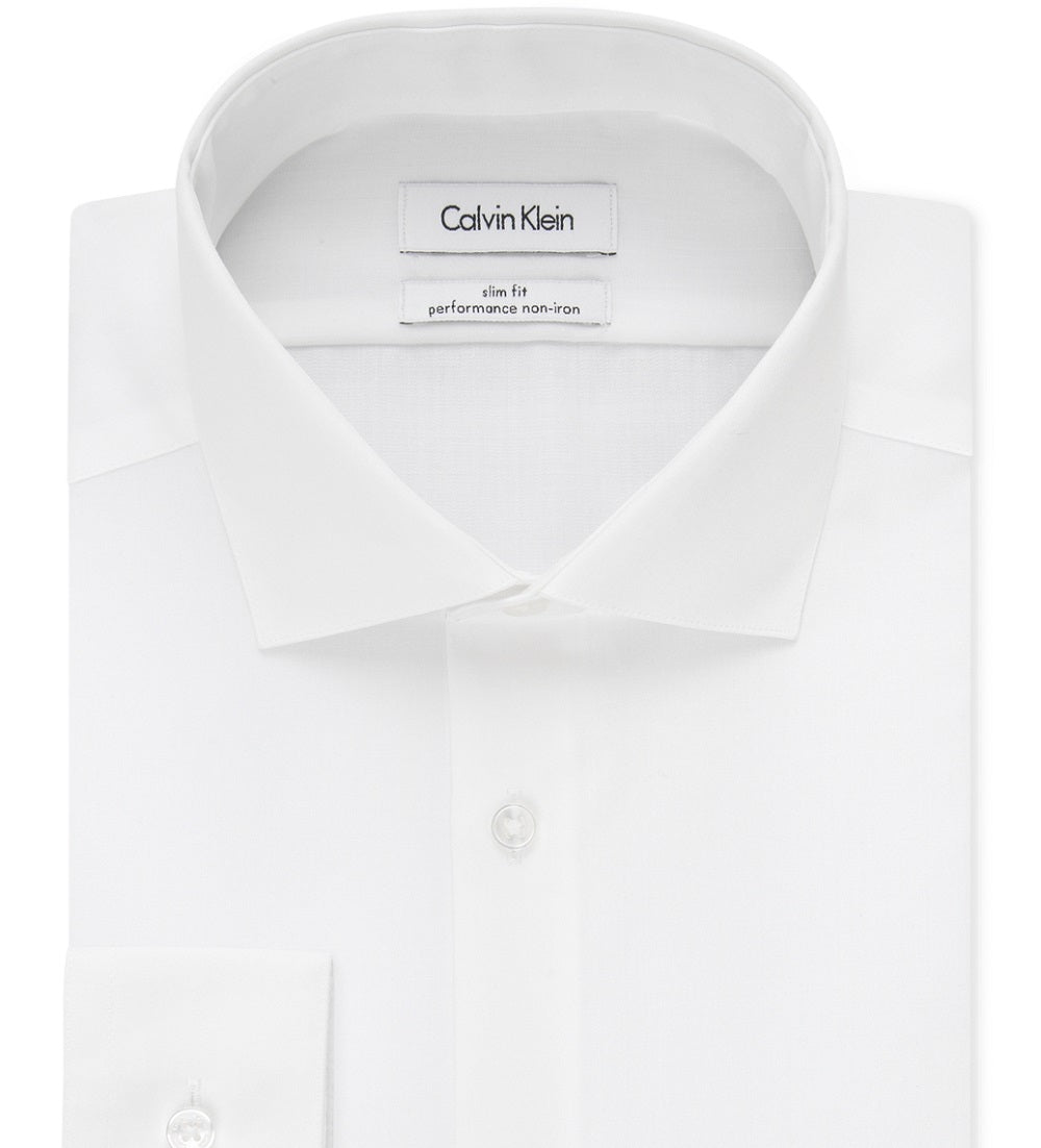 Camisa social Calvin Klein Slim Fit Masculina, sem passar a ferro, gola aberta, espinha de peixe, tamanho 34X35, branca