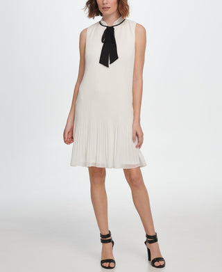 DKNY Women's Sleeveless Pleated Tie Neck Shift Dress White Size 4