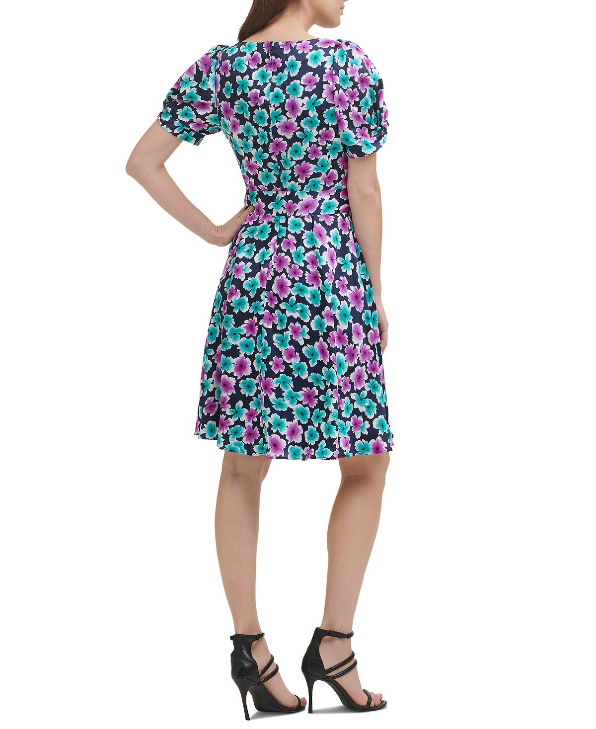 Vestido feminino DKNY de manga curta, decote em V, justo e evasê, azul, tamanho 4