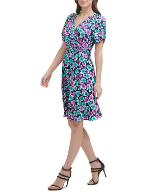 Vestido feminino DKNY de manga curta, decote em V, justo e evasê, azul, tamanho 4