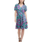 Vestido feminino DKNY de manga curta, decote em V, justo e evasê, azul, tamanho 4