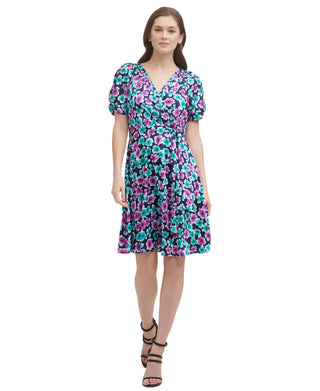 Vestido feminino DKNY de manga curta, decote em V, justo e evasê, azul, tamanho 4