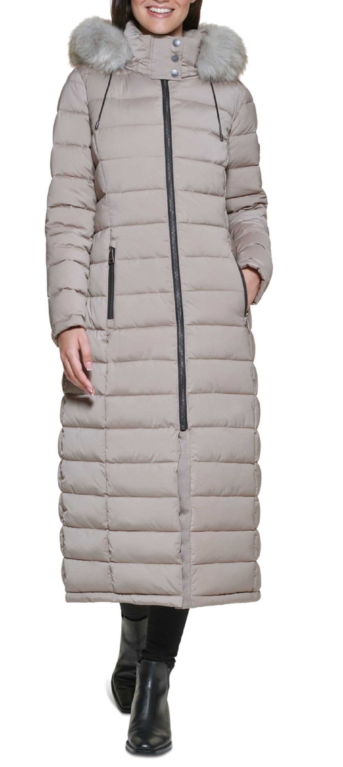 Casaco longo com capuz e acabamento em pele sintética DKNY feminino, rosa, tamanho XX-G