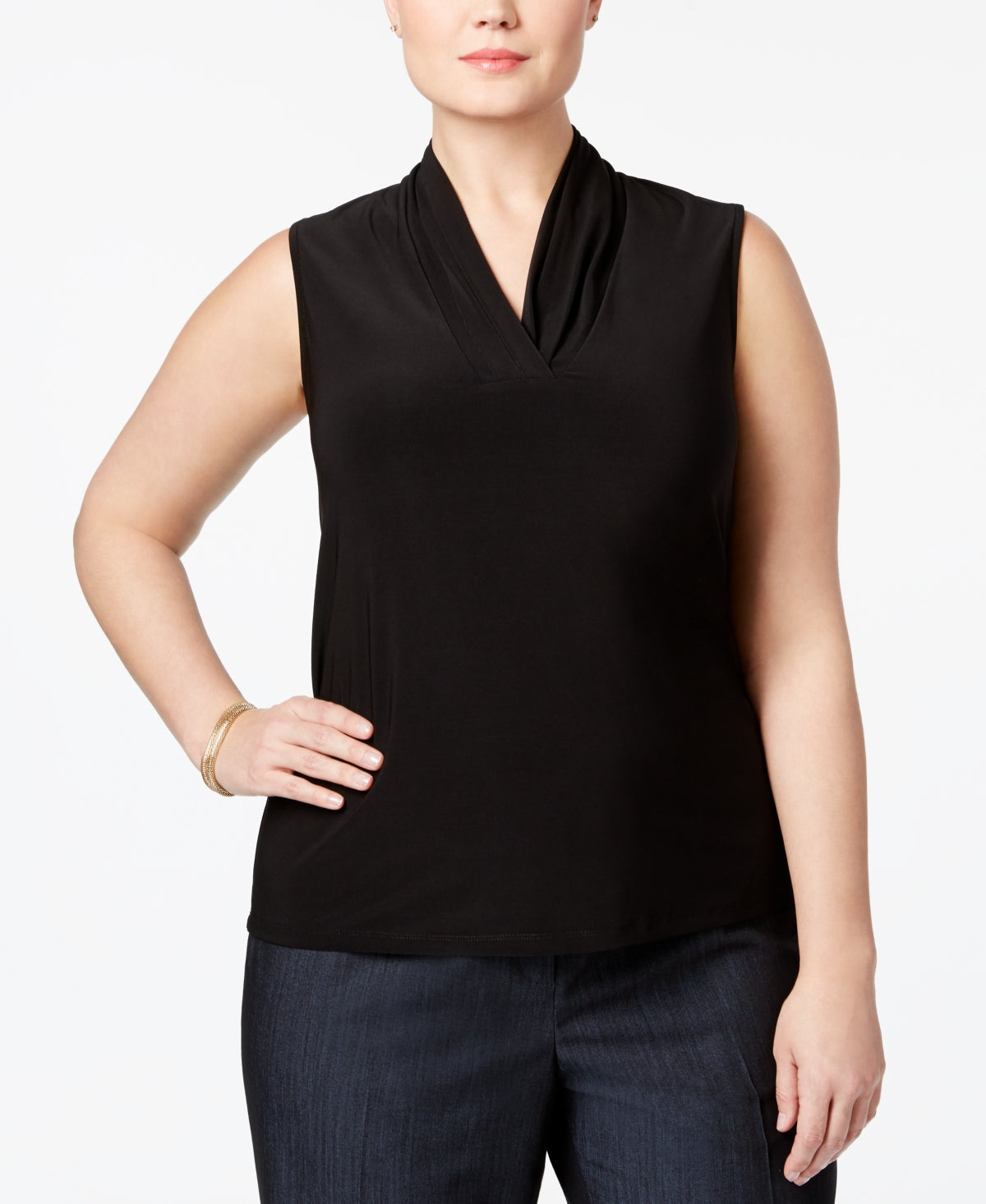 Blusa feminina Anne Klein com pregas triplas e sem mangas, preta, tamanho 1X