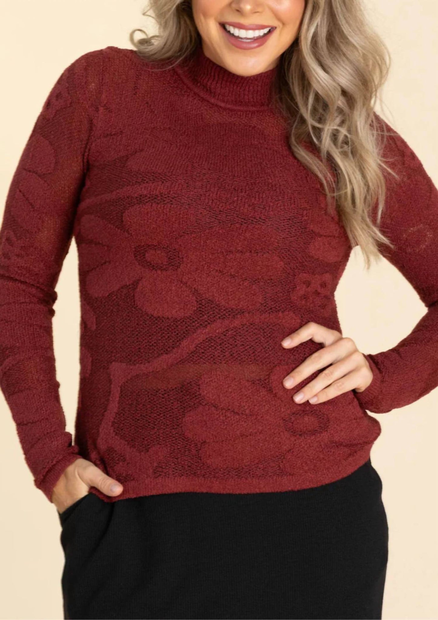 Anniewear - Floral Jacquard Mock Neck Sweater