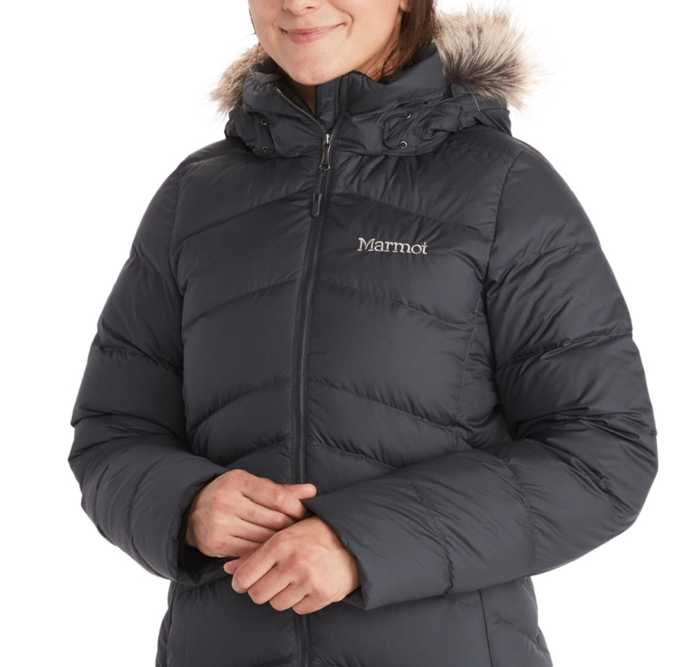 Casaco feminino Marmot Montreal com capuz e acabamento em pele sintética, preto, tamanho XX-G