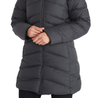 Casaco feminino Marmot Montreal com capuz e acabamento em pele sintética, preto, tamanho XX-G