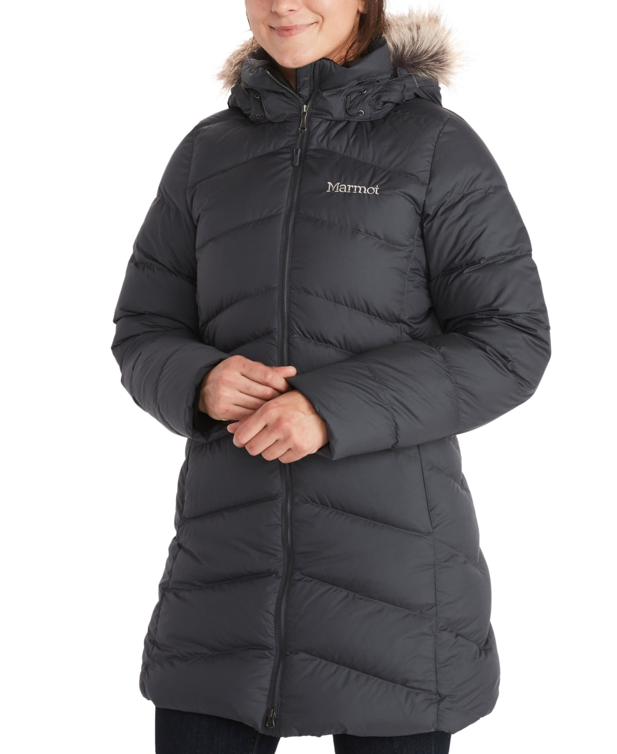 Casaco feminino Marmot Montreal com capuz e acabamento em pele sintética, preto, tamanho XX-G