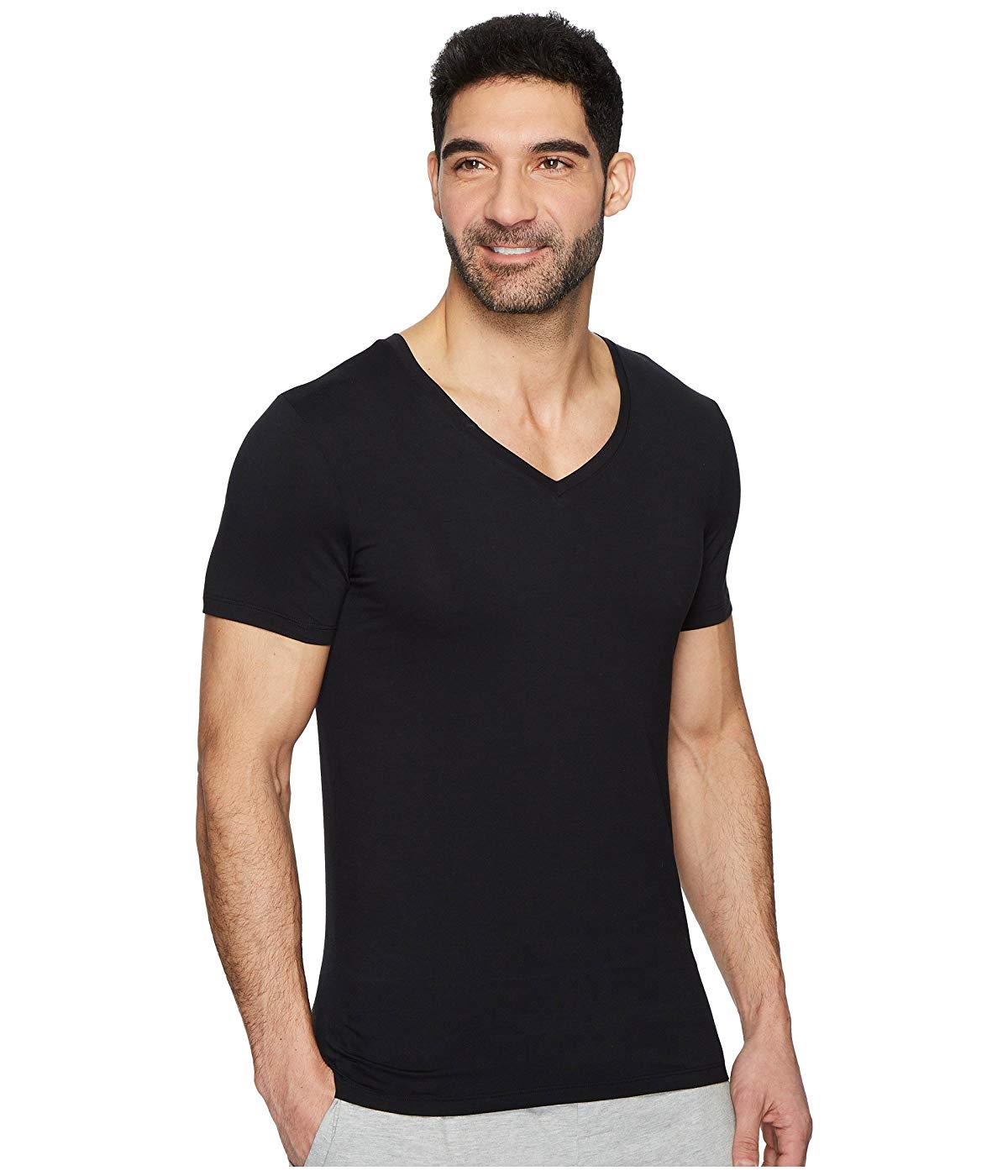 Camisa masculina Hanro de algodão superior com decote em V, preta, tamanho grande
