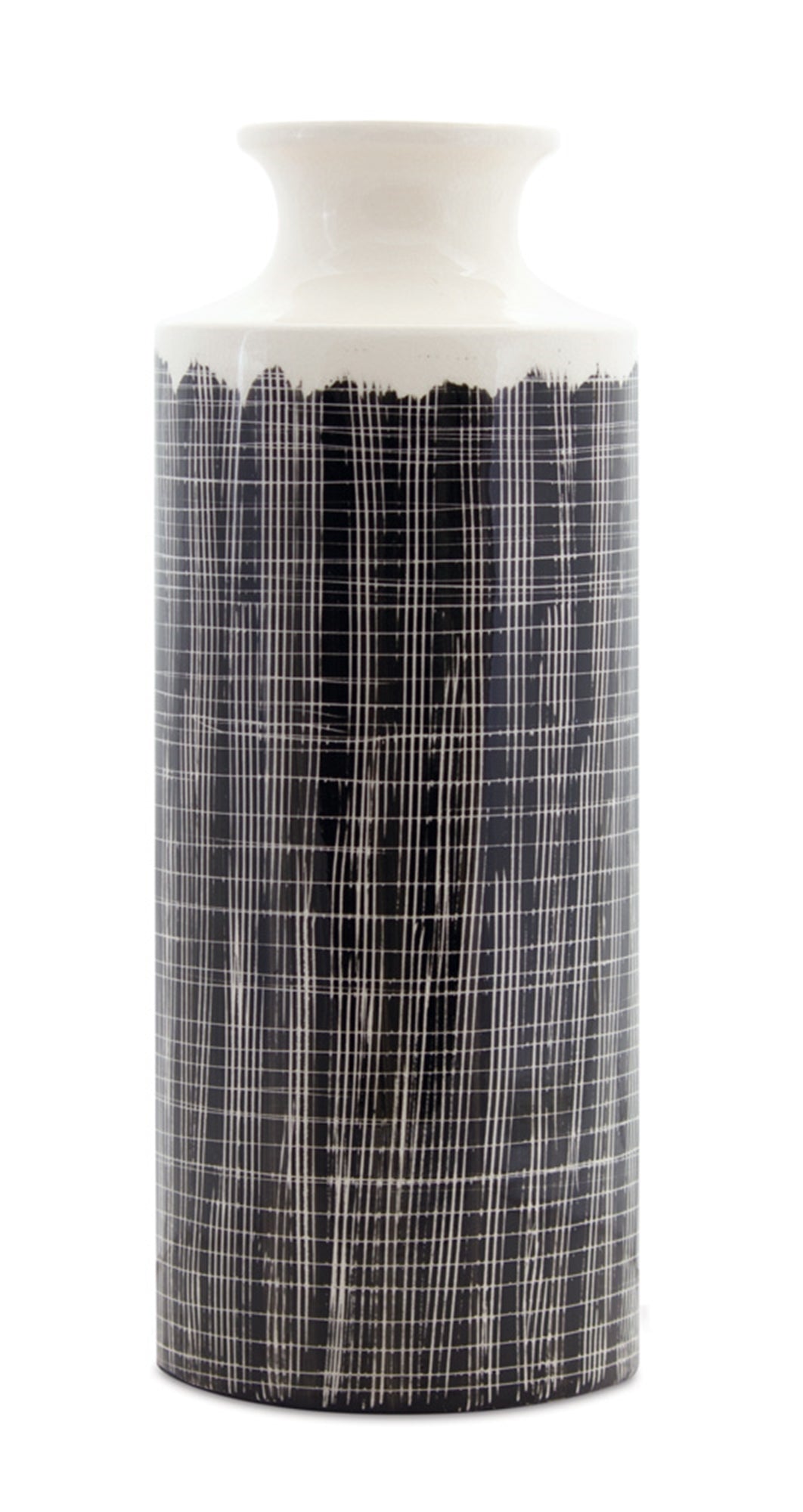 Terra cotta floor vase with black criss cross pattern 24.75"h