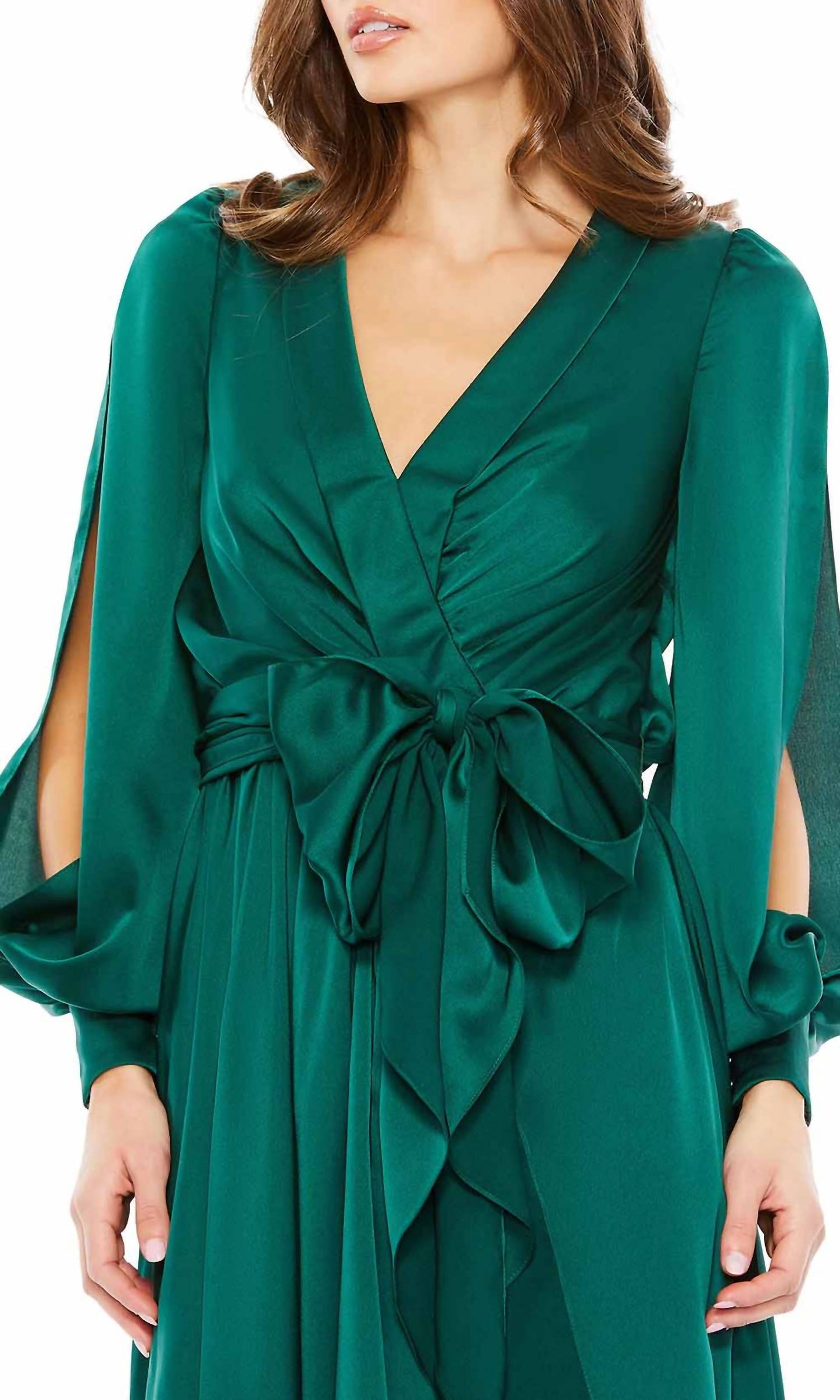 Mac Duggal - Collared Faux Wrap Bishop Sleeve Flowy Dress