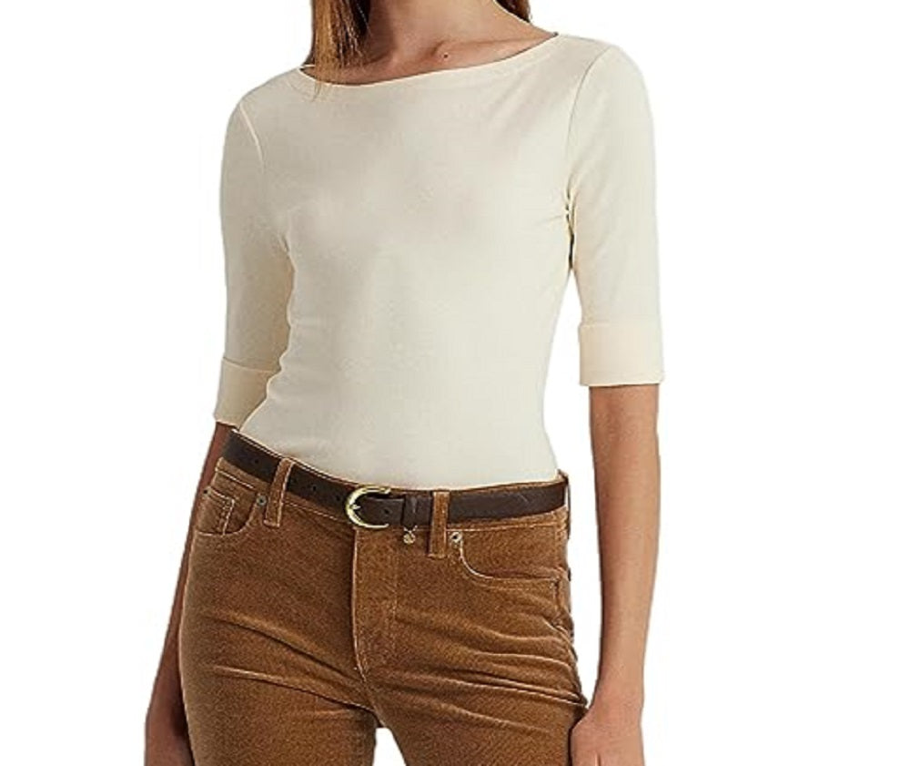 Blusa Ralph Lauren Feminina Gola Canoa em Algodão Misto Marrom Tamanho Grande