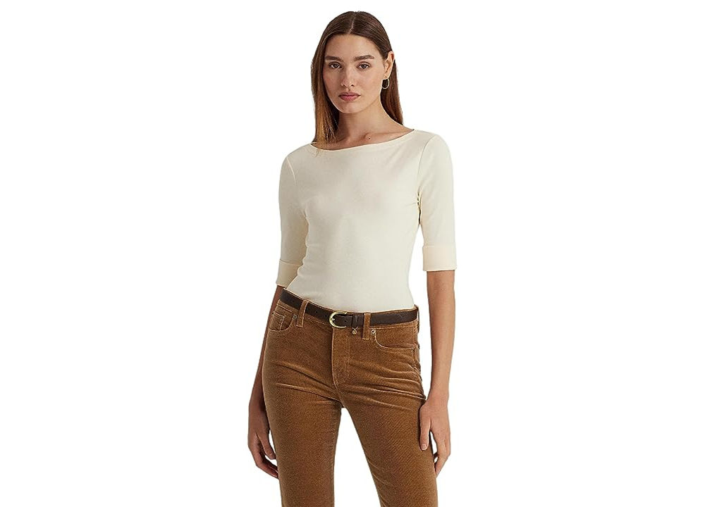 Blusa Ralph Lauren Feminina Gola Canoa em Algodão Misto Marrom Tamanho Grande