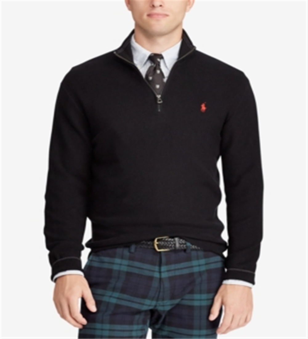 Polo Ralph Lauren Suéter Masculino Texturizado com Zíper de 1/4 Preto Tamanho X-G