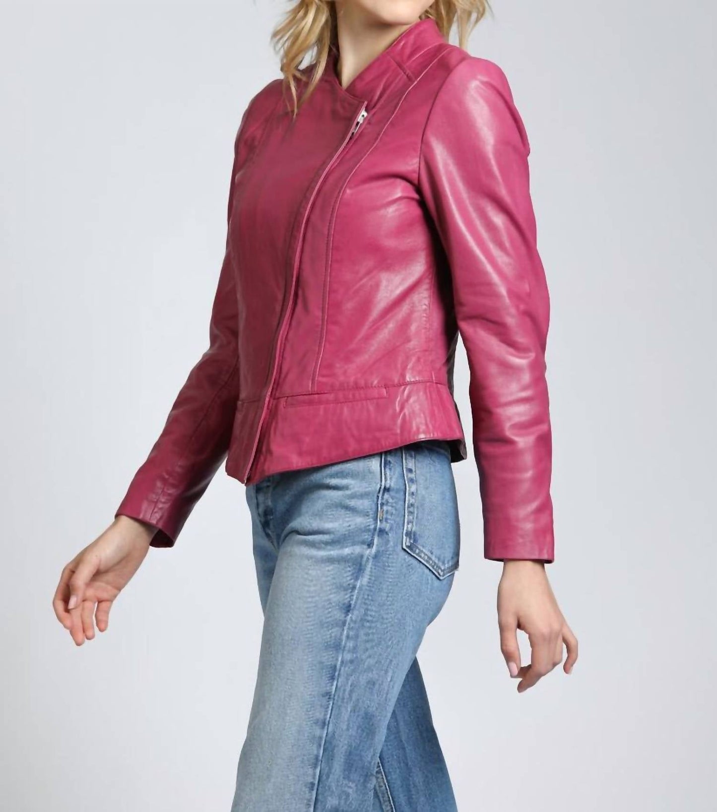 11 Uptown - Collarless Lamb Leather Zip Up Jacket