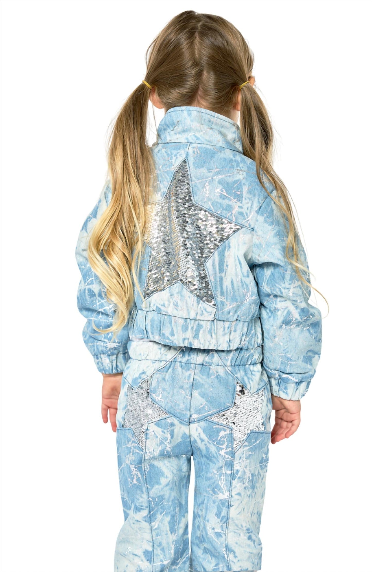 Baby Sara - Girls Metallic Printed Denim Bomber Jacket