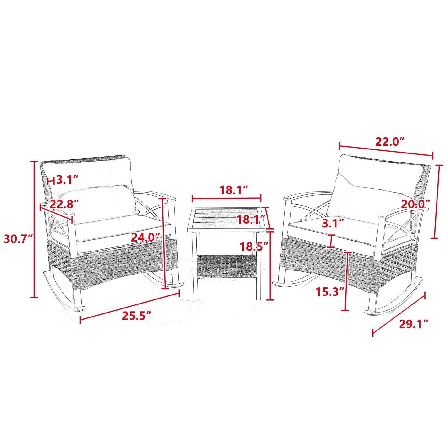 3pcs Rocking Rattan Set - Grey