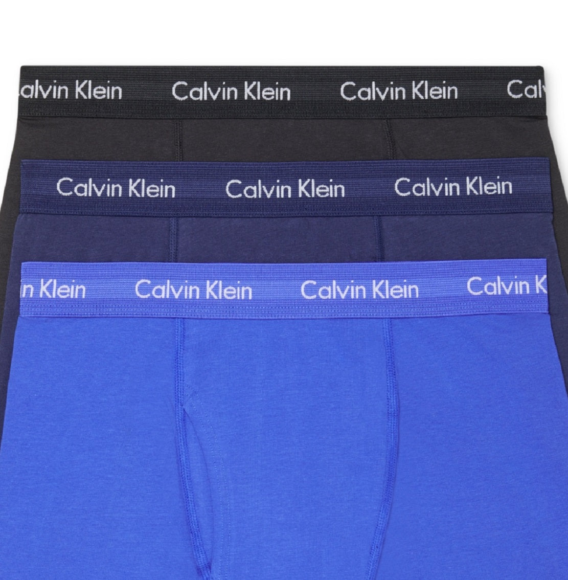 Pacote com 3 cuecas boxer masculinas Calvin Klein de algodão elástico, azul, tamanho médio