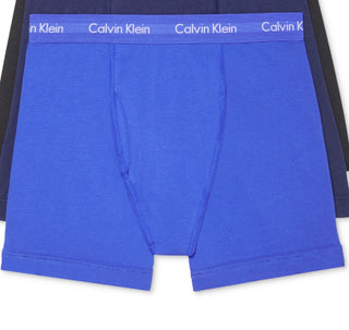 Pacote com 3 cuecas boxer masculinas Calvin Klein de algodão elástico, azul, tamanho médio