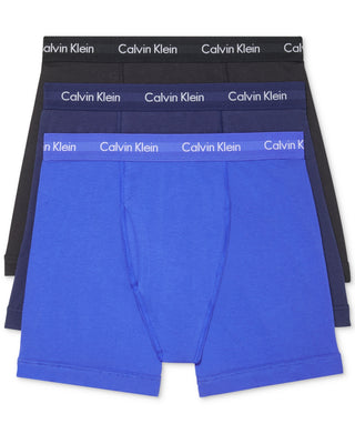 Pacote com 3 cuecas boxer masculinas Calvin Klein de algodão elástico, azul, tamanho médio