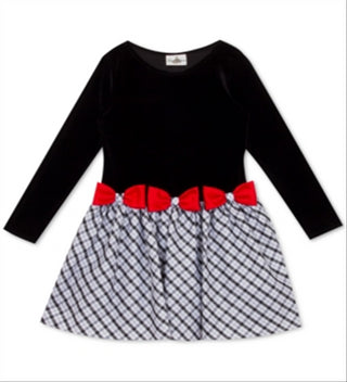 Vestido de veludo com cintura baixa e laço para meninas, edição rara, preto, tamanho 4T