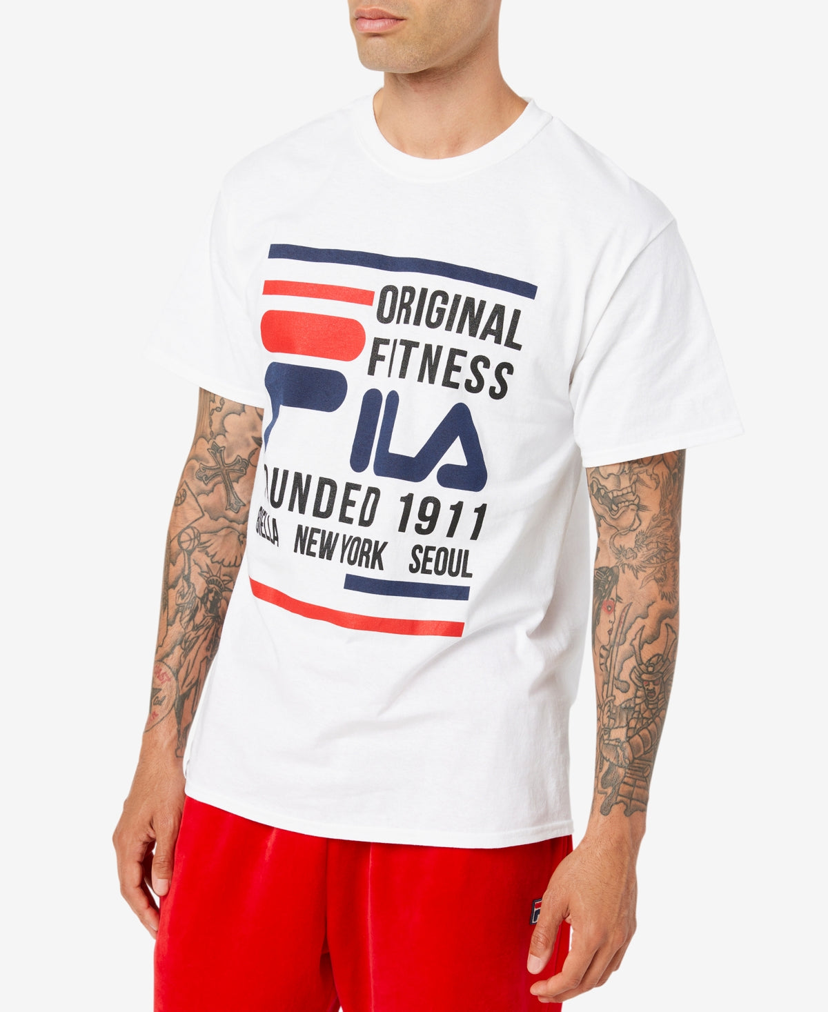 Camiseta masculina Fila Original Fitness com logo gráfico, branca, tamanho médio
