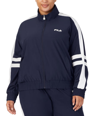Jaqueta esportiva feminina Fila Jovia com zíper frontal e logotipo, azul, tamanho 1X