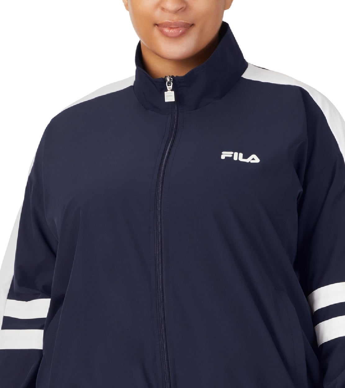 Jaqueta esportiva feminina Fila Jovia com zíper frontal e logotipo, azul, tamanho 1X