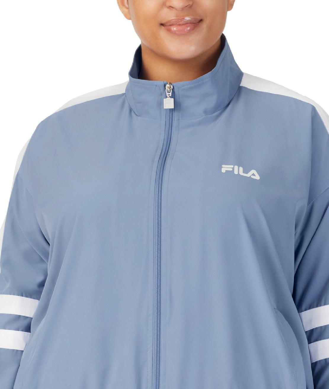 Jaqueta esportiva feminina Fila Jovia com zíper frontal e logotipo, azul, tamanho 4X