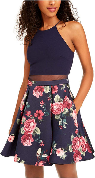 Vestido curto de festa com alças finas e sem mangas floral B Darlin feminino, azul, tamanho 11-12