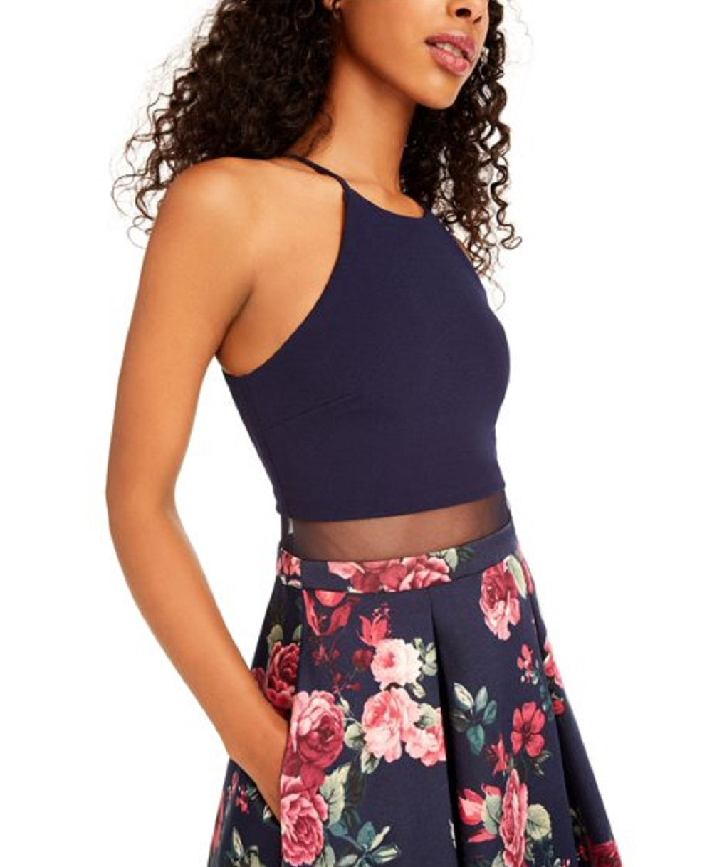 Vestido curto de festa com alças finas e sem mangas floral B Darlin feminino, azul, tamanho 11-12