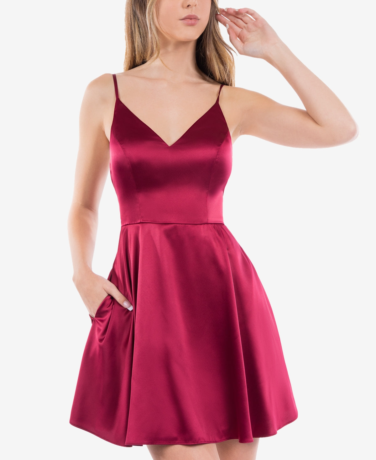Vestido de cetim com ajuste e abertura frontal B Darlin Junior, tamanho 11/12, vinho