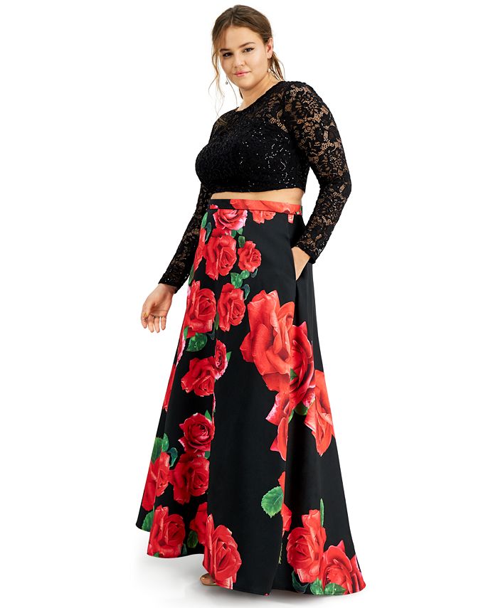 Vestido feminino moderno B Darlin, 2 peças, renda e estampa floral, preto, tamanho 14W