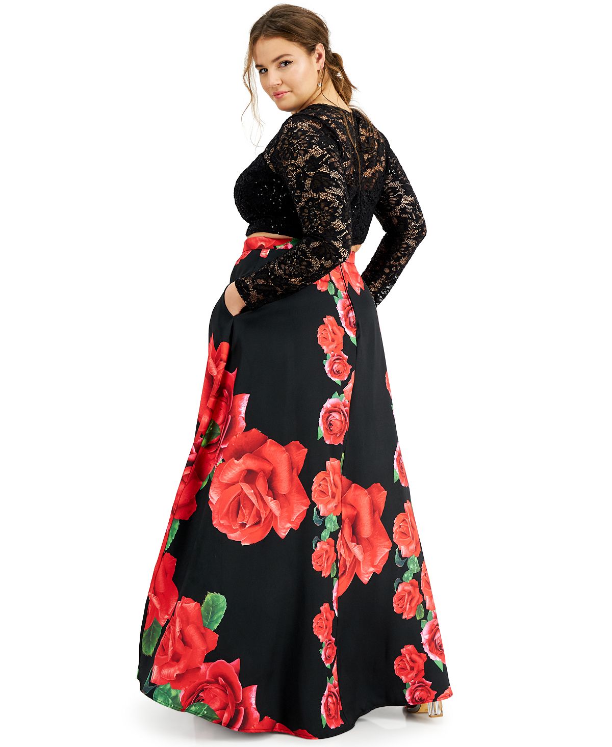 Vestido feminino moderno B Darlin, 2 peças, renda e estampa floral, preto, tamanho 14W
