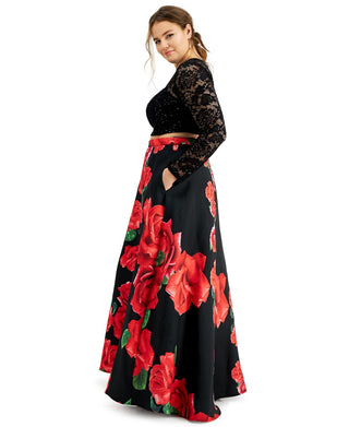 Vestido feminino moderno B Darlin, 2 peças, renda e estampa floral, preto, tamanho 14W
