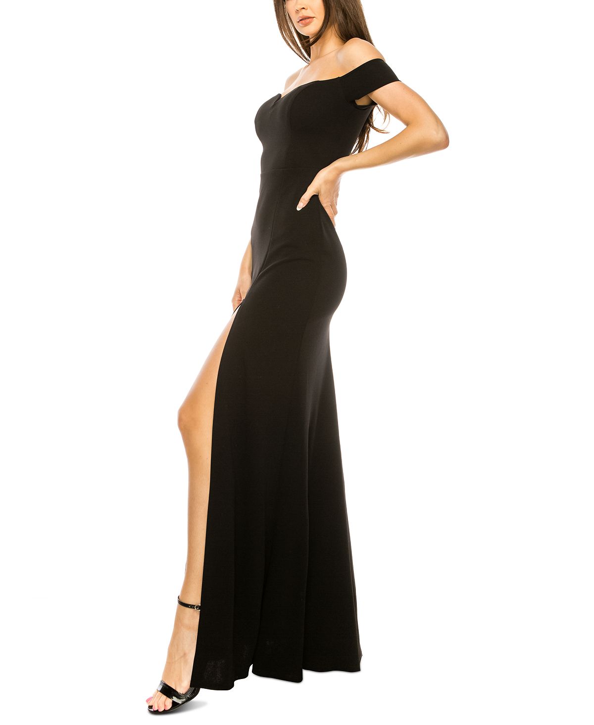 Vestido feminino B Darlin de manga curta e ombro de fora, comprimento total, preto, tamanho 2TB