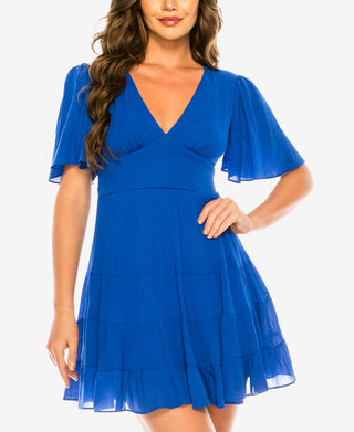 Vestido com babados e decote em V B Darlin Junior, azul, tamanho 0