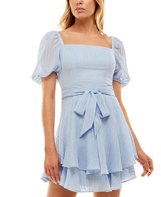 Vestido B Darlin Junior's com manga bufante e amarração na cintura, azul, tamanho 12