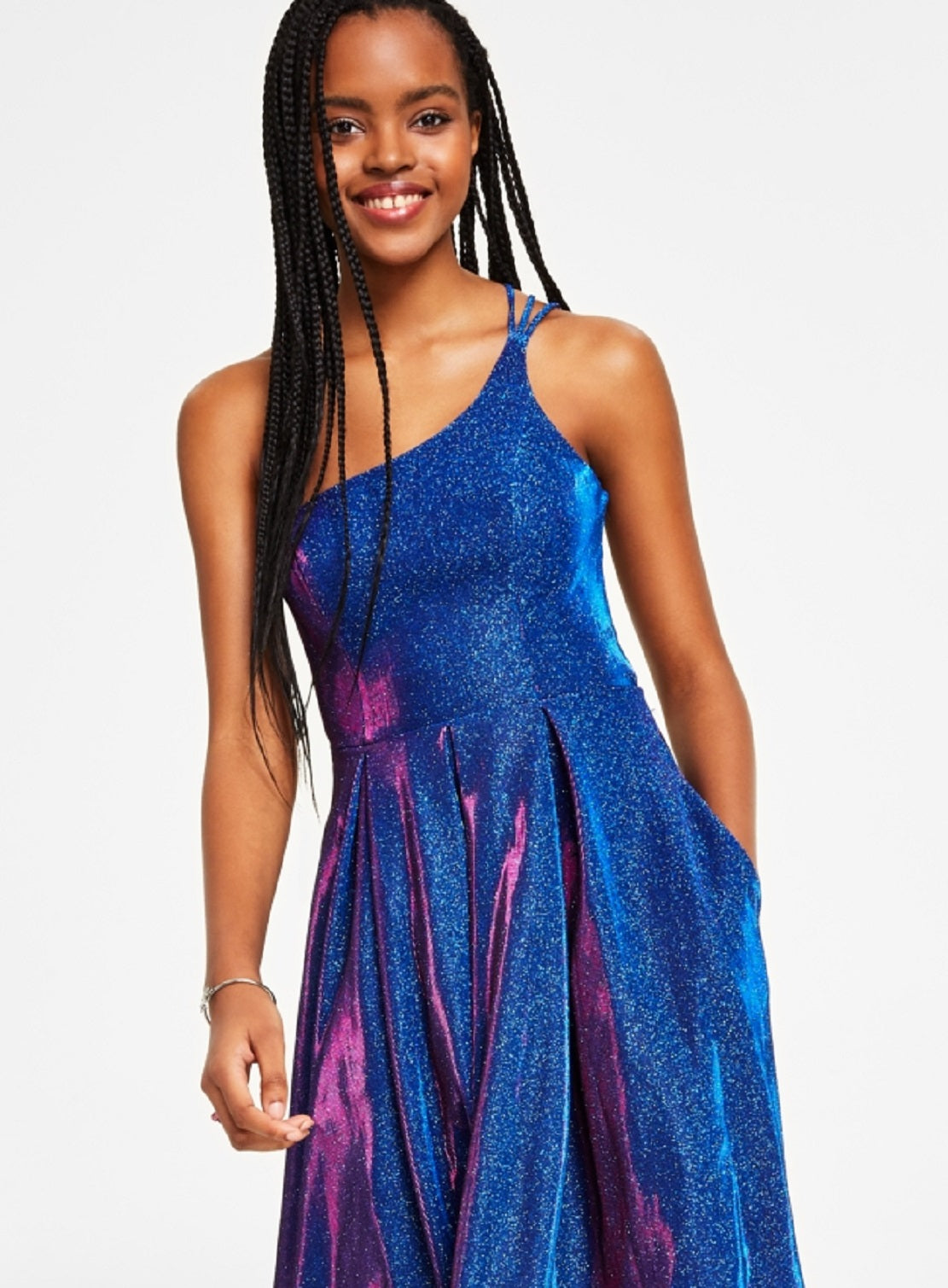 Vestido B Darlin Junior com alças nas costas e acabamento brilhante, azul, tamanho 56