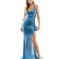 Vestido formal feminino B Darlin, com lantejoulas, zíper, fenda alta, costas em V, forrado, busto acolchoado, sem mangas, decote em V, comprimento total, azul, tamanho 15-16