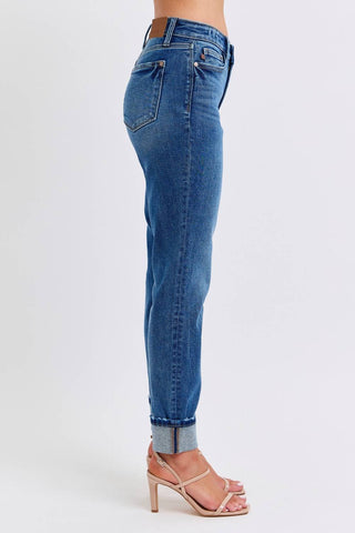 Judy Blue - Calça jeans boyfriend de cintura média com punho