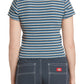 Camiseta Dickies Feminina Listrada com Borda de Alface e Canelado Azul Tamanho Médio